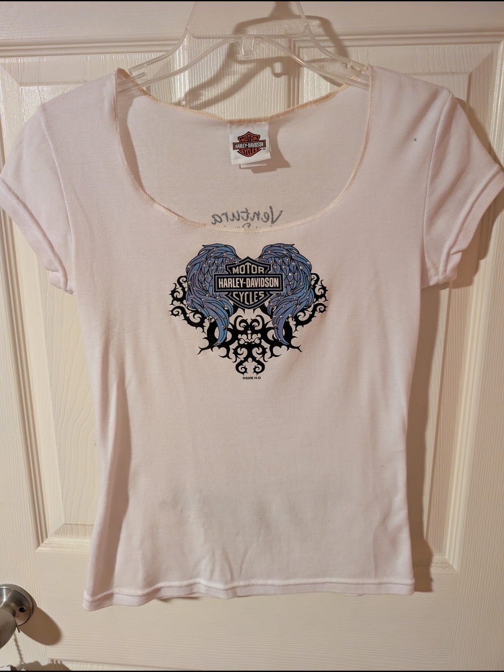 Harley-Davidson White Short-Sleeve Tee with Blue Winged Heart Graphic